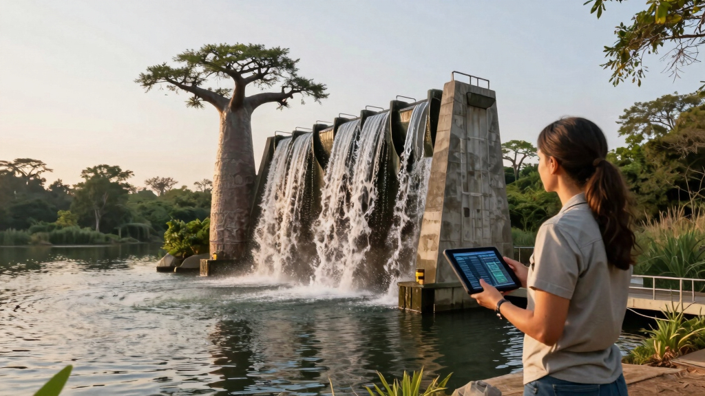 baobab-inspired floating waterfall power plant generates renewable energy off madagascar